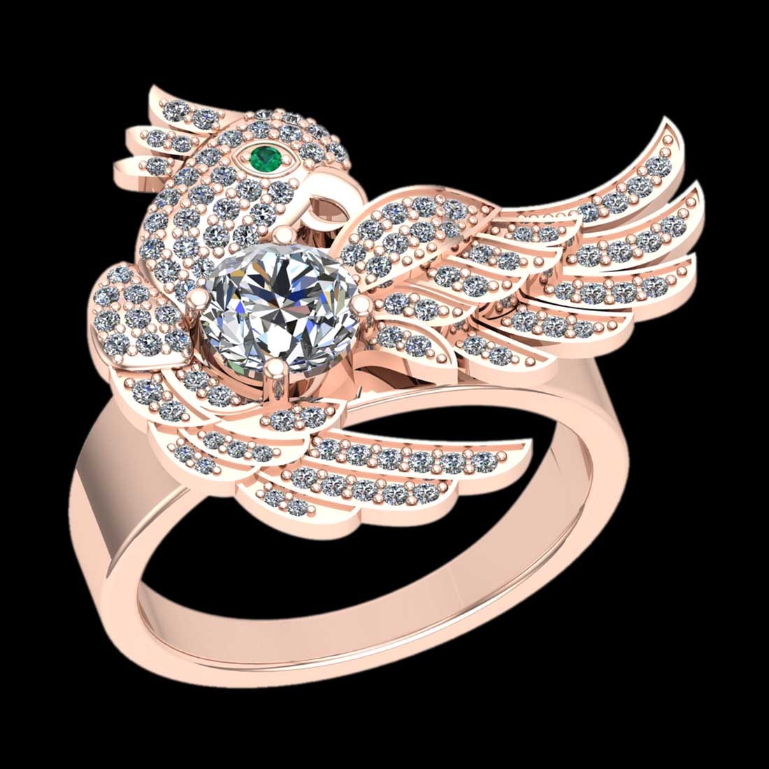 1.46 Ctw SI2/I1 Diamond 10K Rose Gold Birds Ring: Eye Stone weight :- 0.01 Eye Stone Color :- Emerald Center Diamond Weight : 1.00 Ctw (Round Cut) Center Diamond Color :-J-K Setting : Prong Side Weight Of Ctw 0.45 Ctw Color : J-K Clarity : SI2/I1 Sto