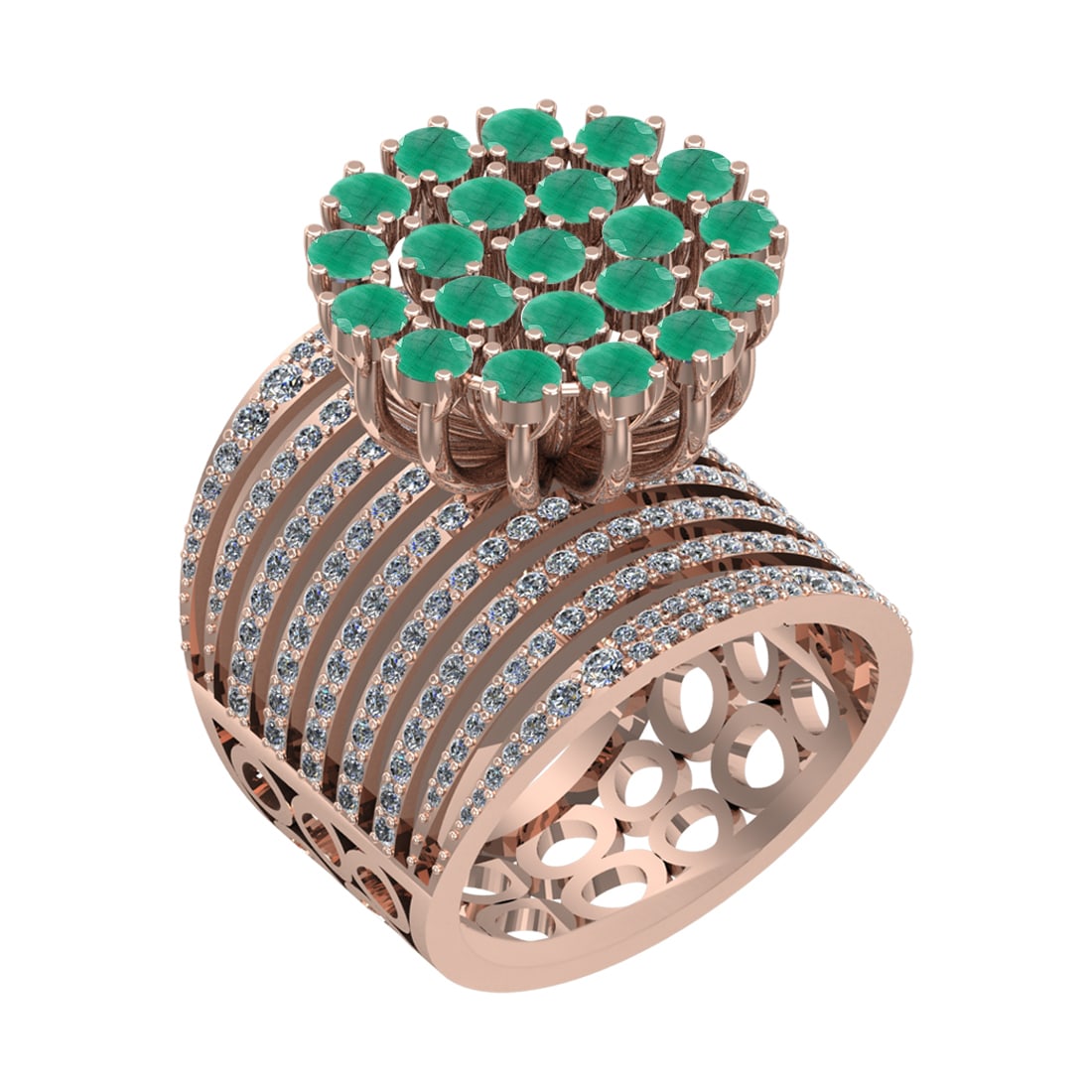 15.40 CtwSI2/I1 Emerald and Diamond 14K Rose Gold Engagement Ring: Center stone Weight :-: 12.70 Ctw ( Round Cut) Color :- Emerald Center Stone Setting : Prong Side Diamond Weight Of Ctw 2.70 Ctw Color : J-K Clarity :SI2/I1 Stone Setting : Prong Metal Weight : Approx
