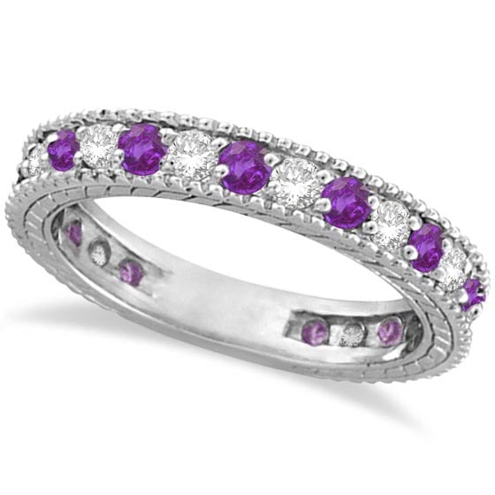 Diamond and Amethyst Eternity Ring Band 14k White Gold 1.08ctw: CENTER STONE; Amethyst CENTER STONE CLARITY; CENTER STONE COLOR; Purple CENTER STONE SETTING; Prong SIDE STONE CLARITY; SI1-SI2 SIDE STONE COLOR; J-K SIDE STONE SETTING; Prong ctw OF SIDE STONE: 0.5 S