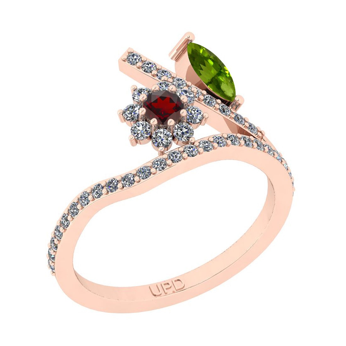 0.56 Ctw I2/I3 Multi Stone And Diamond 10K Rose Gold Ring: Multi Stone Weight : 0.35 Ctw ( Marquise& Round Cut) Multi Stone Color :-Garnet,Peridot Multi Stone Setting : Prong Side Stone Weight Of Ctw 0.51 Ctw Side Stone Color : J-K Stone Clarity : I2/I3 Stone
