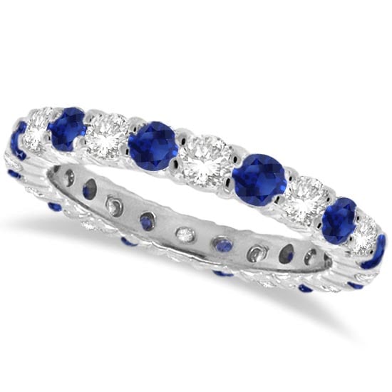 Blue Sapphire and Diamond Eternity Ring Band 14k White Gold 1.07ctw: CENTER STONE; Sapphire CENTER STONE CLARITY; CENTER STONE COLOR; Blue CENTER STONE SETTING; Prong SIDE STONE CLARITY; SI SIDE STONE COLOR; J-K SIDE STONE SETTING; Prong ctw OF SIDE STONE: 0.5 SIDE STO