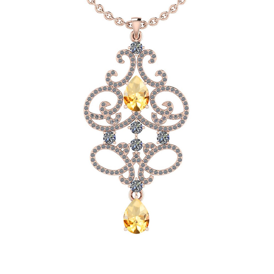 2.33 Ctw I2/I3 Citrine And Diamond 10K Rose Gold Vintage Style Pendant: Color Stone Weight : 1.50 Ctw (Pear Cut ) Center Stone Color : Citrine Center Stone Setting : Prong Side Stone Weight Of Ctw 0.83 Ctw Side Stone Color : G-H Stone Clarity : I2/I3 Stone Setting : Prong