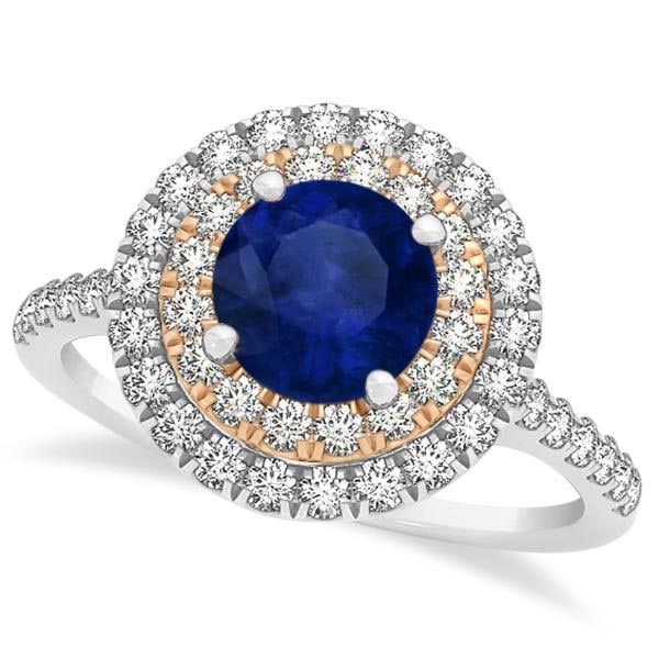 Double Halo Round Blue Sapphire Engagement Ring 14k Two-Tone Gold 2.42ctw: CENTER STONE; Blue Sapphire (2.00 CTW) CENTER STONE CLARITY; SI1-SI2 CENTER STONE COLOR; Blue CENTER STONE SETTING; Prong SIDE STONE CLARITY; SI1-SI2 SIDE STONE COLOR; J-K SIDE STONE SETTING; Pave ctw