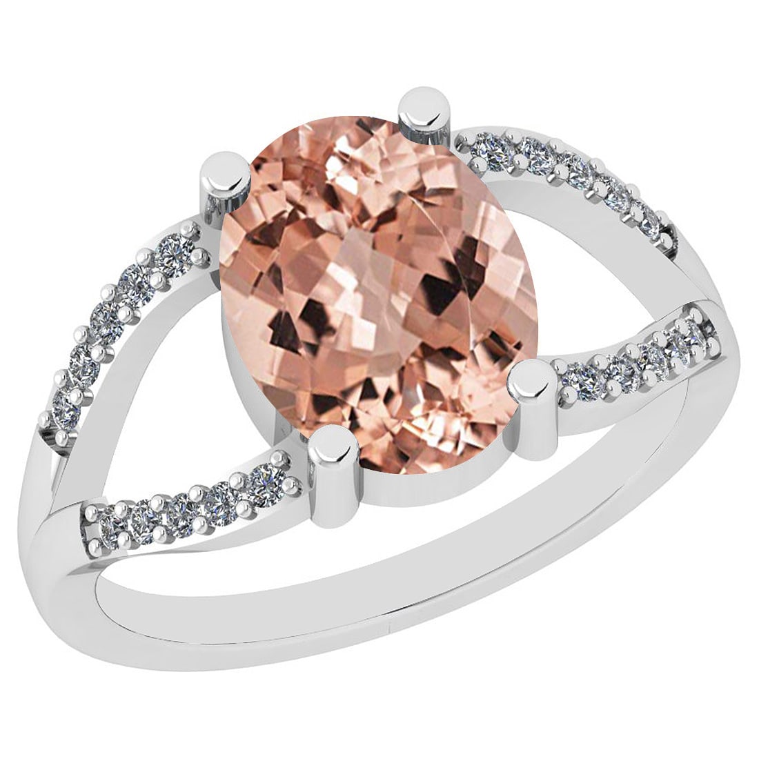 5.00 Ctw SI2/I1 Morganite And Diamond 14K White Gold Vintage Style Ring: Center Stone Weight : 4.80 Ctw ( Oval Cut ) Center Stone Color :-Morganite Center Stone Setting : Prong Side Stone Weight Of Ctw 0.20 Ctw Side Stone Color : H-I Stone Clarity : SI2/I1 Stone Setting : 