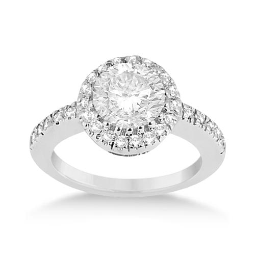 Pave Halo Diamond Engagement Ring Setting Platinum 1.35ctw: CENTER STONE; DIAMOND (1.00 CTW) CENTER STONE CLARITY; SI1-SI2 CENTER STONE COLOR; J-K CENTER STONE SETTING; SIDE STONE CLARITY; SI1-SI2 SIDE STONE COLOR; J-K SIDE STONE SETTING; Pave ctw OF SIDE STON