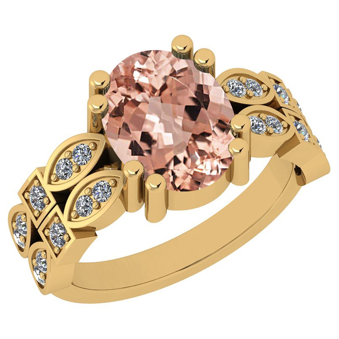 4.69 Ctw SI2/I1 Morganite And Diamond 14K Yellow Gold Vintage Style Ring: Center Stone Weight : 4.48 Ctw ( Oval Cut ) Center Stone Color :-Morganite Center Stone Setting : Prong Side Stone Weight Of Ctw 0.21 Ctw Side Stone Color : H-I Stone Clarity : SI2/I1 Stone Setting : 