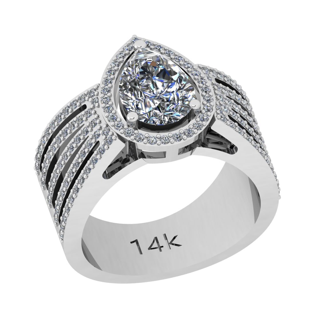 1.68 Ctw SI2/I1 Diamond 14K White Gold Engagement Halo Ring: Center Diamond Weight : 1.00 Ctw (Pear Cut) Center Diamond Color : J-K Center Stone Setting : Prong Center Stone Clarity : SI2/I1 Side Stone Weight Of Ctw 0.68 Ctw Side Stone Color : J-KStone Clarity 