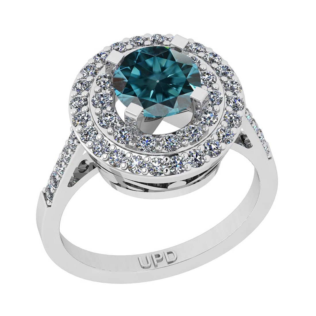 2.39 Ctw I2/I3 Treated Fancy Blue And White Diamond 10K White Gold Engageme: Center Stone Weight : 1.25 Ctw (Round Cut ) Center Stone Color : Treated Fancy Blue Diamond Center Stone Clarity : I2/I3 Center Stone Setting : Prong Side Stone Weight Of Ctw 1.14 Ctw Side Stone Color