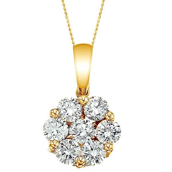 Diamond Cluster Flower Pendant Necklace in 14k Yello Gold 1.00ctw: CENTER STONE; Diamond CENTER STONE CLARITY; SI CENTER STONE COLOR; J-K CENTER STONE SETTING; Prong SIDE STONE CLARITY; SIDE STONE COLOR; SIDE STONE SETTING; ctw OF SIDE STONE: SIDE STONE QUALITY; #PAP