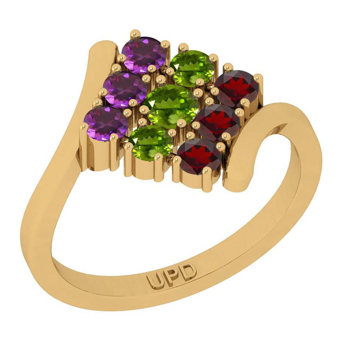 0.95 Ctw I2/I3 Multi Stone 10K Yellow Gold Multi Bypass Ring: Multi Stone Weight : 0.95 Ctw ( 9 Psc Round Cut) Multi Stone Color :-Amethyst,Garnet,Peridot Multi Stone Setting : Prong Metal Weight : Approx 3.20 gram 10K Yellow Gold Multi Bypass Ring Current Ring 