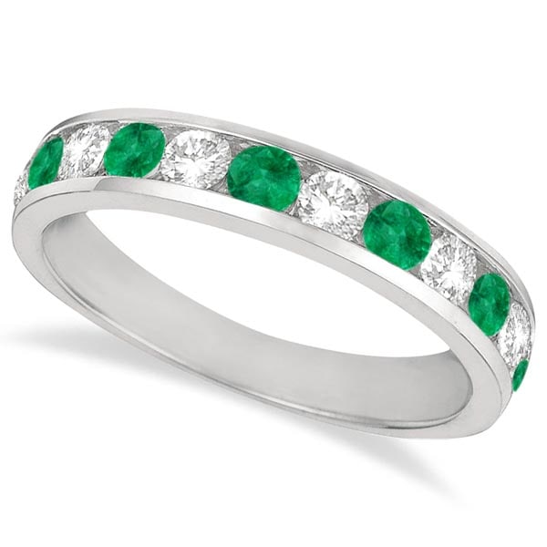 Channel-Set Emerald and Diamond Ring Band 14k White Gold 1.20ctw: CENTER STONE; Emerald CENTER STONE CLARITY; CENTER STONE COLOR; Green CENTER STONE SETTING; Channel SIDE STONE CLARITY; SI SIDE STONE COLOR; J-K SIDE STONE SETTING; Channel ctw OF SIDE STONE: 0.5 SIDE