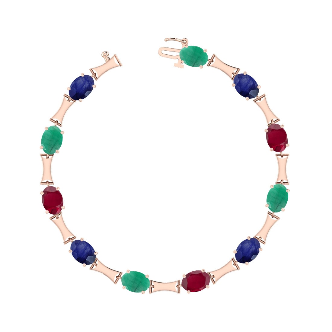 6.00 Ctw Multi Stone 14K Rose Gold Bracelet: Multi Stone Weight : 6.00 Ctw ( 12 Psc Oval Cut) Multi Stone Color :-Emerald,Ruby,Blue Sapphire Multi Stone Setting : Prong Metal Weight : Approx 10.50 gram 14K Rose Gold Bracelet B-8206 #PAPPS60266v7