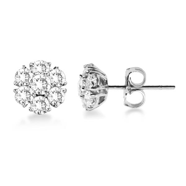 Diamond Flower Cluster Earrings in 14K White Gold 1.20ctw: CENTER STONE; Diamond CENTER STONE CLARITY; SI CENTER STONE COLOR; J-K CENTER STONE SETTING; Prong SIDE STONE CLARITY; SIDE STONE COLOR; SIDE STONE SETTING; ctw OF SIDE STONE: SIDE STONE QUALITY; #PAP
