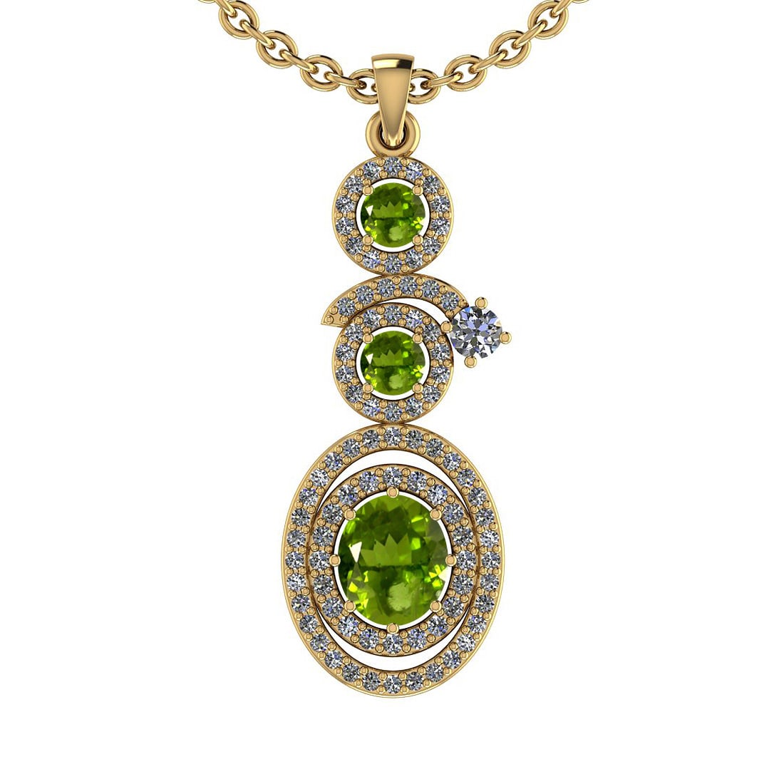 1.45 Ctw I2/I3 Peridot And Diamond 10K Yellow Gold Halo Pendant: Color Stone Weight : 0.95 Ctw (Oval Cut ) Center Stone Color : Peridot Center Stone Setting : Prong Side Stone Weight Of Ctw 0.50 Ctw Side Stone Color : G-H Stone Clarity : I2/I3 Stone Setting : Prong