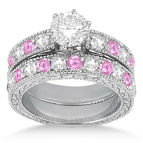 Antique style Diamond and Pink Sapphire Bridal Set 14k White Gold 1.80ctw: CENTER STONE 1.00 Ctw ; Sapphire,Diamond CENTER STONE CLARITY; Eye Clean#SI1-SI2 CENTER STONE COLOR; Pink,J-K CENTER STONE SETTING; Pave,Pave SIDE STONE CLARITY; SIDE STONE COLOR; SIDE STONE SETTING; 