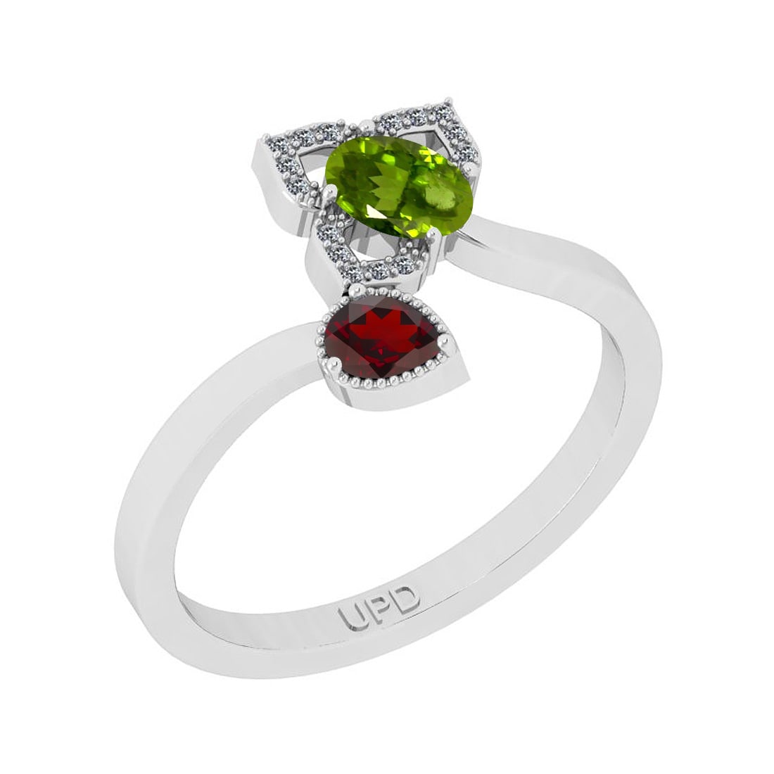 0.54 Ctw I2/I3 Multi Stone And Diamond 10K White Gold Ring: Multi Stone Weight : 0.50 Ctw ( Pear& Oval Cut) Multi Stone Color :-Garnet,Peridot Multi Stone Setting : Prong Side Stone Weight Of Ctw 0.04 Ctw Side Stone Color : J-K Stone Clarity : I2/I3 Stone Sett