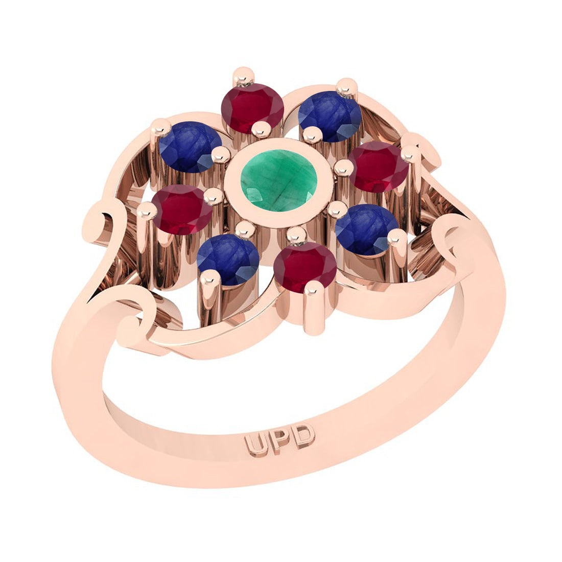 0.90 Ctw SI2/SI1 Multi Stone 14K Rose Gold Ring: Multi Stone Weight : 0.90 Ctw ( 9 Psc Round Cut) Multi Stone Color :-Emerald,Ruby,Blue Sapphire Multi Stone Setting : Prong Metal Weight : Approx 4.50 gram 14K Rose Gold Ring Current Ring Size-6