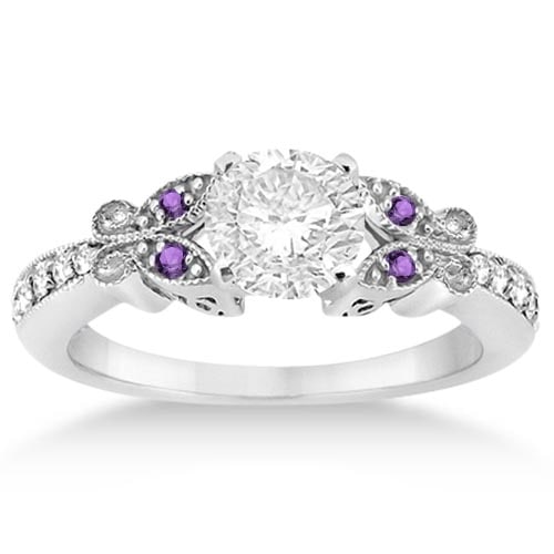 Butterfly Diamond and Amethyst Engagement Ring 18k White Gold 1.20ctw: CENTER STONE; DIAMOND (1.00 CTW) CENTER STONE CLARITY; SI1-SI2 CENTER STONE COLOR; J-K CENTER STONE SETTING; SIDE STONE CLARITY; Eye Clean,SI1-SI2 SIDE STONE COLOR; Purple,J-K SIDE STONE SETTING; Pave