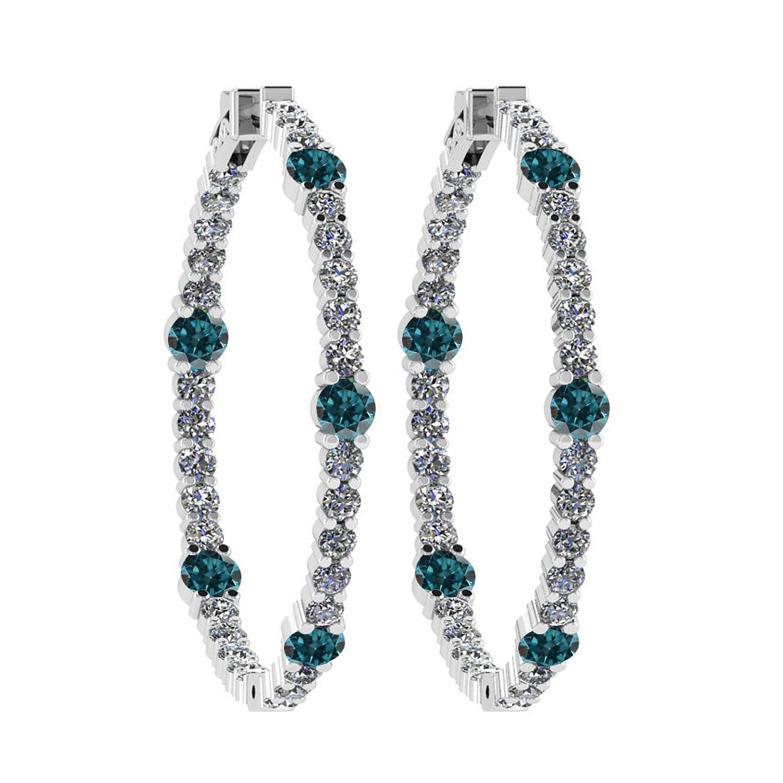 2.08 Ctw i2/i3 Treated Fancy Blue and White Diamond 14K White Gold Hoop Ear: Color Stone Weight : 0.86 Ctw ( Round cut) Center Stone Color : Treated Fancy Blue Diamond Center Clarity : i2/i3 Center Stone Setting : Prong Side Stone Weight Of Ctw 1.22 Ctw Side Stone Color : J-K 