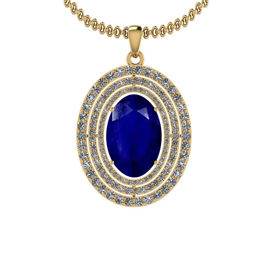 3.80 Ctw I2/I3 Blue Sapphire And Diamond 14K Yellow Gold Necklace: Center Stone Weight : 3.00 Ctw (Oval Cut ) Center Stone Color : Blue Sapphire Center Stone Setting : Prong Side Stone Weight Of Ctw 0.80 Ctw Side Stone Color : J-K Stone Clarity : I2/I3 Stone Setting 