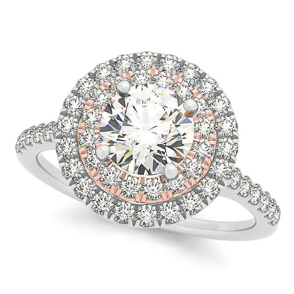 Double Halo Round Diamond Engagement Ring 14k Two Tone Gold 1.38ctw: CENTER STONE; Diamond 1.00 ctw CENTER STONE CLARITY; SI1-SI2 CENTER STONE COLOR; J-K CENTER STONE SETTING; Prong SIDE STONE CLARITY; SI1-SI2 SIDE STONE COLOR; J-K SIDE STONE SETTING; Pave ctw OF SIDE 
