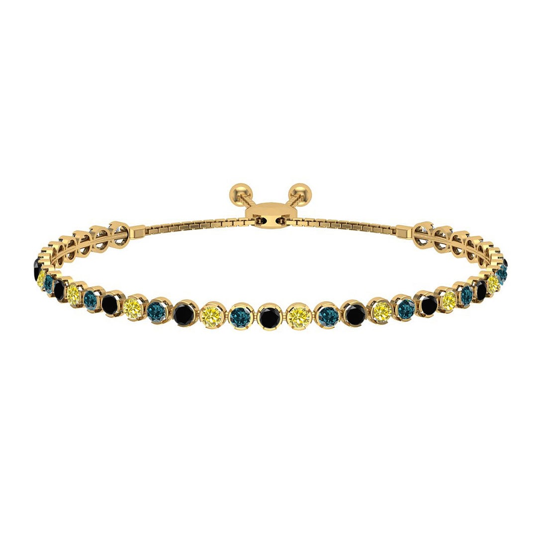 1.12 Ctw I2/I3 Multi Diamond Crown Set 14K Yellow Gold Slide Bracelet: Center Diamond Weight : 1.12 Ctw (Round Cut) Center Diamond Color :- Treated Fancy Blue black yellow diamond Center Clarity : I2/I3 Stone Setting : Crown Metal Weight : Approx 6.50 Gram 14K Yellow Gol