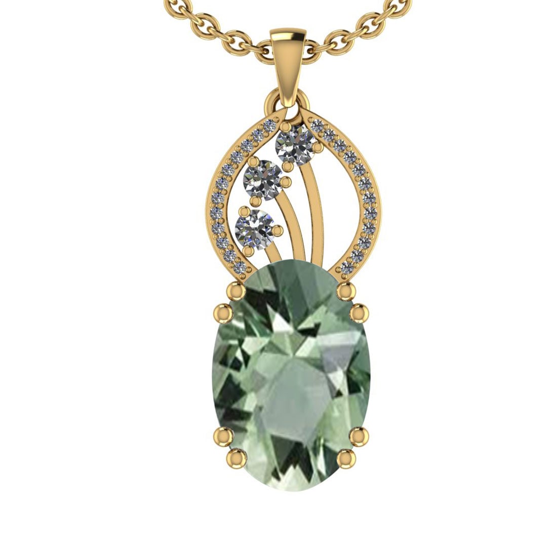 15.48 Ctw I2/I3 Green Amethyst And Diamond 10K Yellow Gold Pendant: Center Stone Weight : 14.50 Ctw (Oval Cut ) Center Stone Color : Green Amethyst Center Stone Setting : Prong Side Stone Weight Of Ctw 0.98 Ctw Side Stone Color : J-K Stone Clarity : I2/I3 Stone Settin