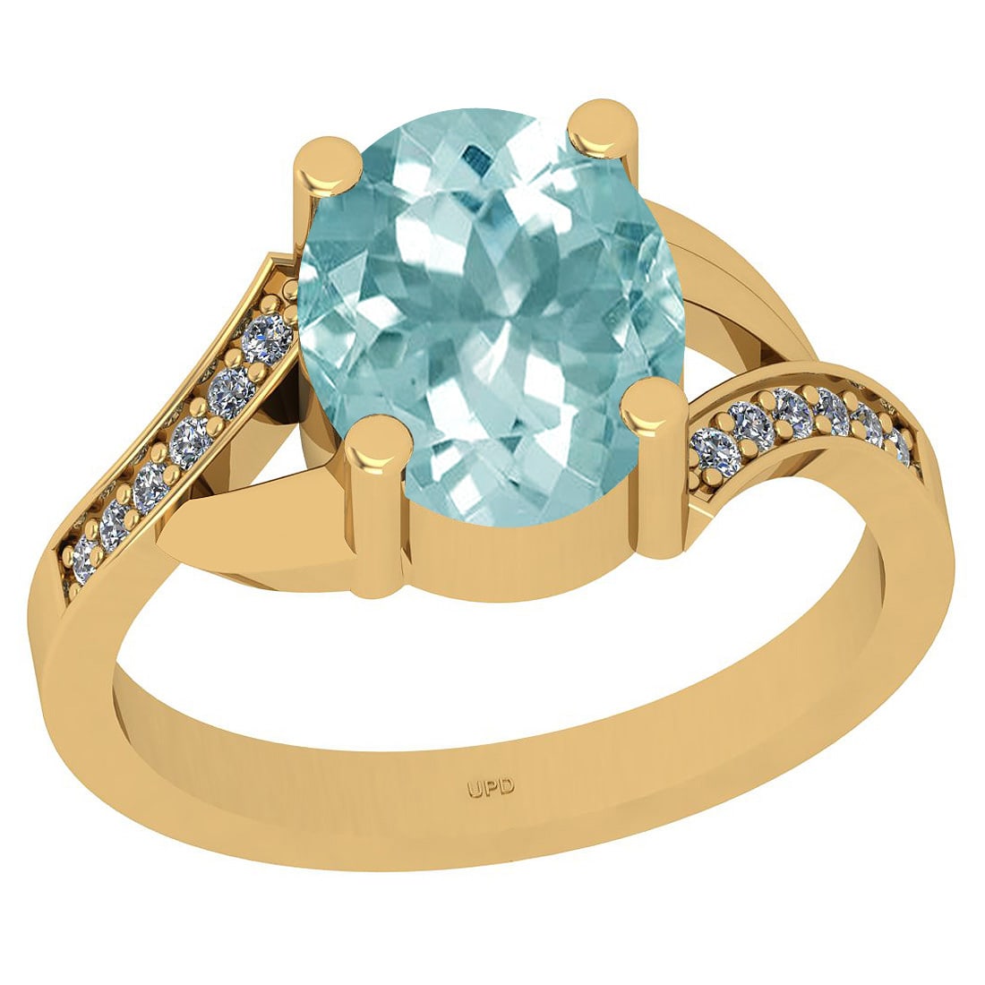 2.83 Ctw SI2/I1 Aquamarine And Diamond 14k Yellow Gold Ring: Center Stone Weight : 2.73 Ctw ( Oval Cut) Center Stone Color :-Aquamarine Center Stone Setting : Prong Side Stone Weight Of Ctw 0.10 Ctw Side Stone Color : J-K Stone Clarity : SI2/I1 Stone Setting : 