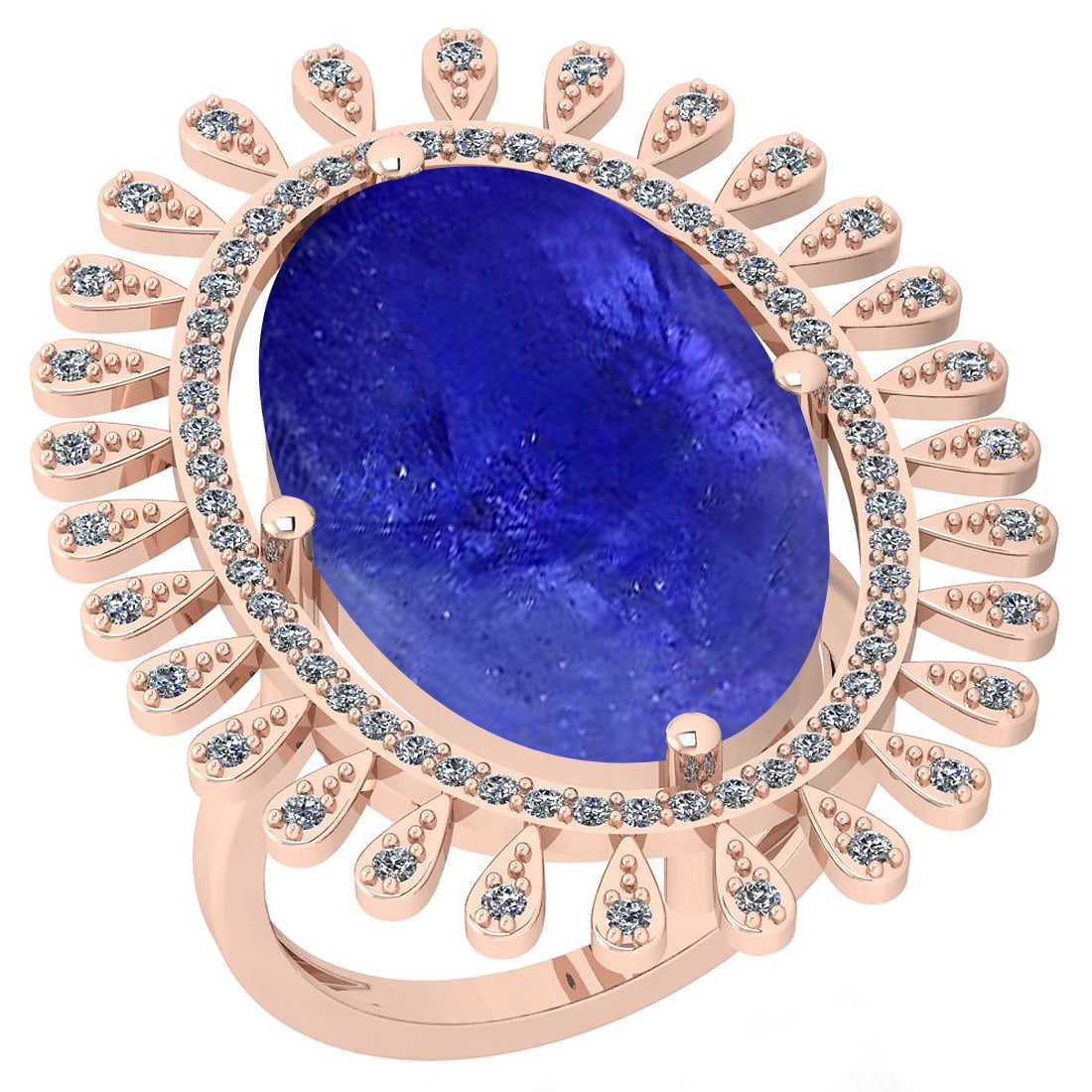 6.53 Ctw SI2/I1 Tanzanite And Diamond 14K Rose Gold Vintage Style Ring: Color Stone Weight : 6.00 Ctw ( Oval Cab ) Center Stone Color :-Tanzanite Center Stone Setting : Prong Side Stone Weight Of Ctw 0.53 Ctw Side Stone Color : J-K Stone Clarity : SI2/I1 Stone Setting : P
