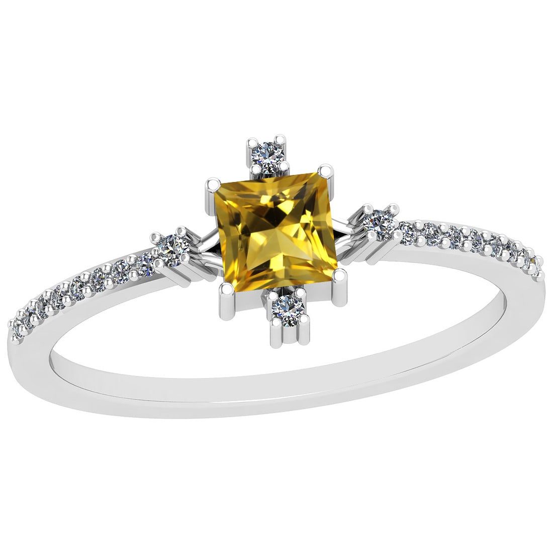 0.53 Ctw I2/I3 Citrine And Diamond 10K White Gold Ring: Center Stone Weight : 0.39 Ctw (Square cut) Center Stone Color :-Citrine Stone Setting : Prong Side Stone Weight Of Ctw 0.14 Ctw Side Stone Color : J-K Stone Clarity : I2/I3 Stone Setting : Prong Meta