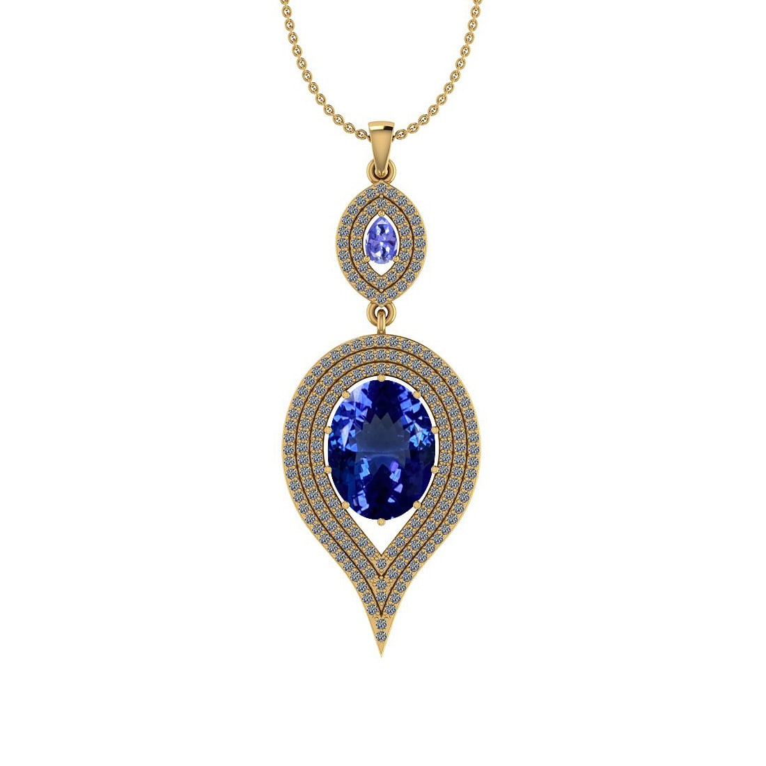 6.74 Ctw VS/SI1 Tanzanite And Diamond 18K Yellow Gold Pendant Necklace: Center Stone Weight : 5.80 Ctw (Oval& Pear Cut) Center Stone Color :-Tanzanite Center Stone Setting : Prong Side Stone Weight Of Ctw 0.94 Ctw Side Stone Color : G-H Stone Clarity : VS/SI1 Stone Settin