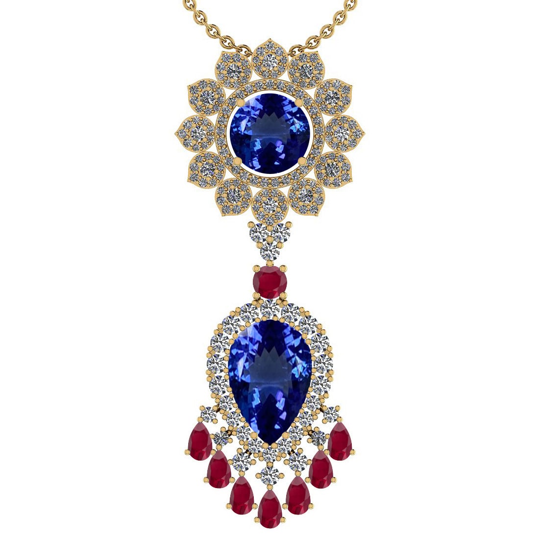 Certified 15.49 Ctw VS/SI1 Tanzanite,RUBY And Diamond 14K Yellow Gold Vinta: Center Stone Approx Weight: 10.57 Ctw (Pear& Round Cut ) Center Stone Color: Tanzanite Center Stone Setting: Prong Color Stone Weight: 2.00 ctw stone Color: Ruby Setting: Prong Side Stone 2.92 Ctw Sid