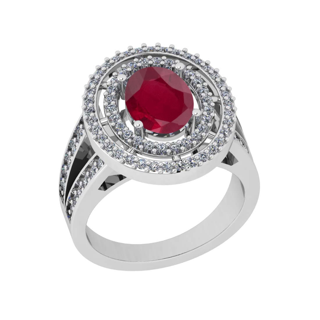 1.30 Ctw SI2/I1 Ruby And Diamond 14K White Gold two Row Engagement Halo Rin: Color Stone Weight : 0.50 Ctw (Round Cut ) Center Stone Color : Ruby Center Stone Setting : Prong Side Stone Weight Of Ctw 0.80 Ctw Side Stone Color : J-K Stone Clarity : SI2/I1 Stone Setting : Prong 