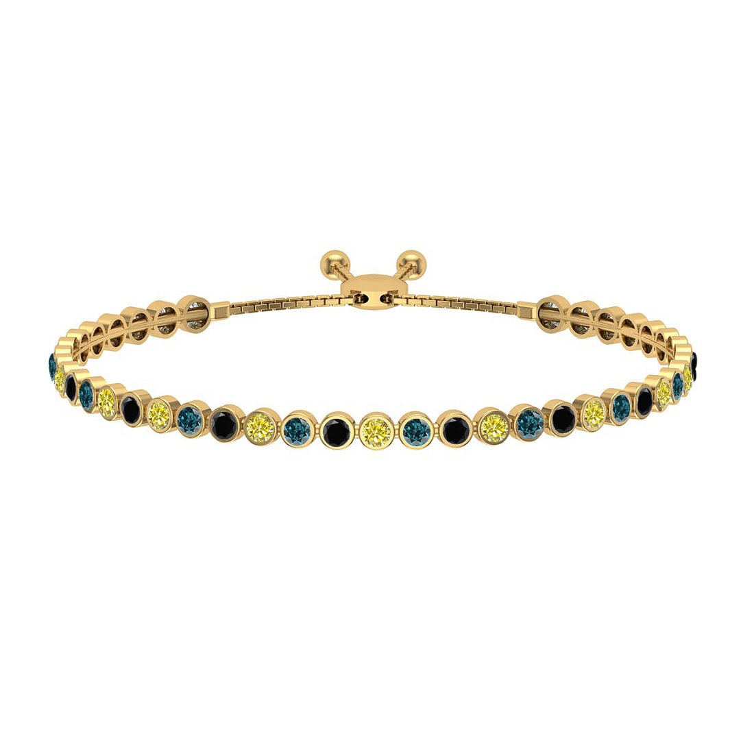 2.07 Ctw I2/I3 Multi Diamond 14K Yellow Gold Slide Bracelet: Center Diamond Weight : 2.07 Ctw (Round Cut) Center Diamond Color :- Treated Fancy Blue black yellow diamond Center Clarity : I2/I3 Stone Setting : Bezel Metal Weight : Approx 9.00 Gram 14K Yellow Gol