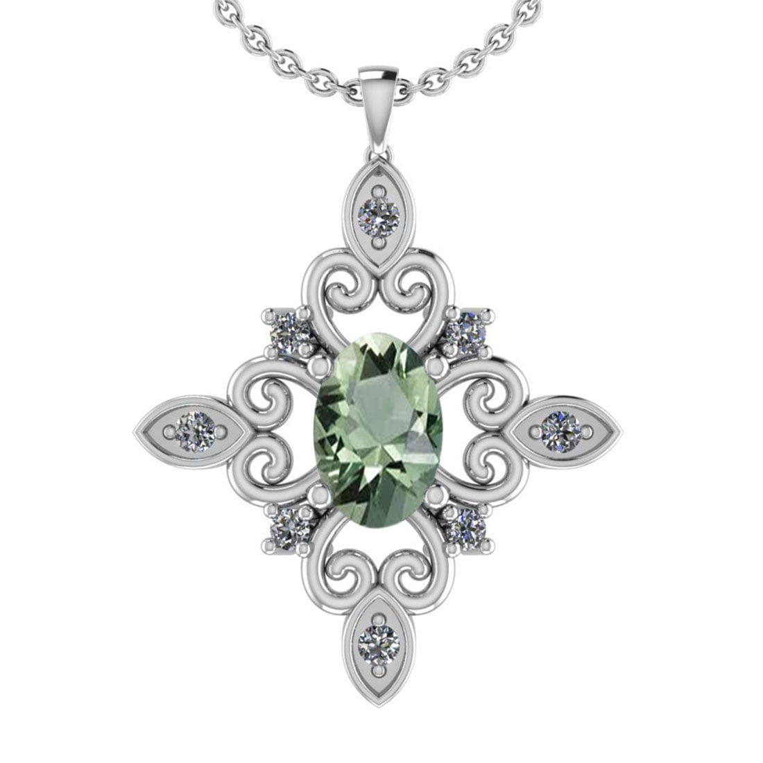 14.52 Ctw I2/I3 Green Amethyst And Diamond 10K White Gold Pendant: Center Stone Weight : 13.72 Ctw (Oval Cut ) Center Stone Color : Green Amethyst Center Stone Setting : Prong Side Stone Weight Of Ctw 0.80 Ctw Side Stone Color : J-K Stone Clarity : I2/I3 Stone Settin