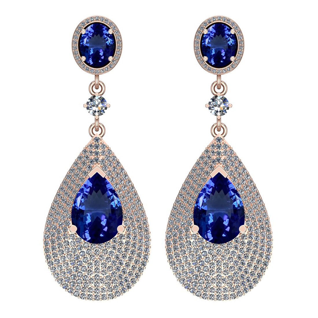 Certified 16.50 Ctw VS/SI1 Tanzanite And Diamond 14k Rose Gold Vingate Styl: Center Approx Weight: 13.00 Ctw (Oval& Pear Cut) Center Color: Tanzanite Center Stone Setting: Prong Side Stone 3.50 Ctw Side Stone Color: J-K Stone Clarity: VS/SI1 Stone Setting: Prong Metal Approx W