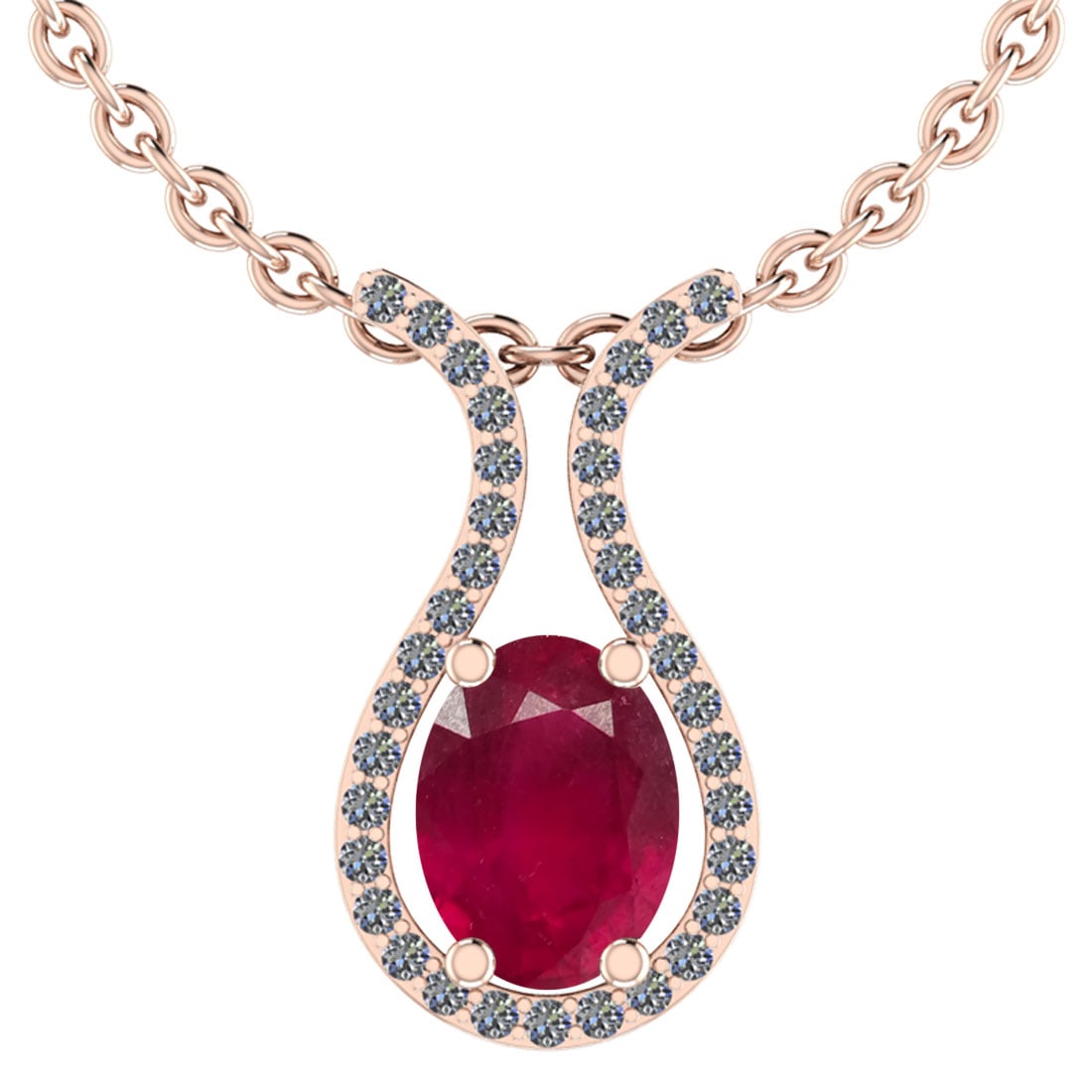 17.07 CtwSI2/I1 Ruby And Diamond 14K Rose Gold Pendant Necklace: Center Stone Weight : 13.57 Ctw ( Oval Cut ) Center Stone Color : Ruby Stone Setting : Prong Side Diamond Weight Of Ctw 3.50 Ctw Side Stone Color : J-K Stone Clarity :SI2/I1 Stone Setting : Prong Meta