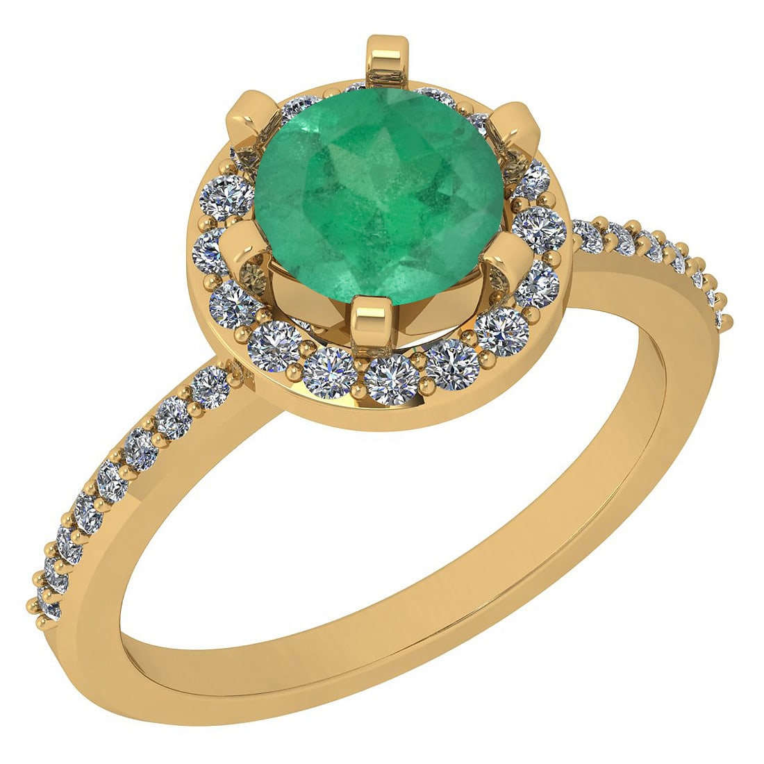 1.52 Ctw SI2/I1 Emerlad And Diamond 14K Yellow Gold Engagement Halo Ring: Center Weight : 1.14 Ctw ( Round Cut ) Center Color :- Emerlad Stone Setting : Prong Side Stone Weight Of Ctw 0.38 Ctw Side Stone Color : J-K Stone Clarity : SI2/I1 Stone Setting : Prong Metal Weight 