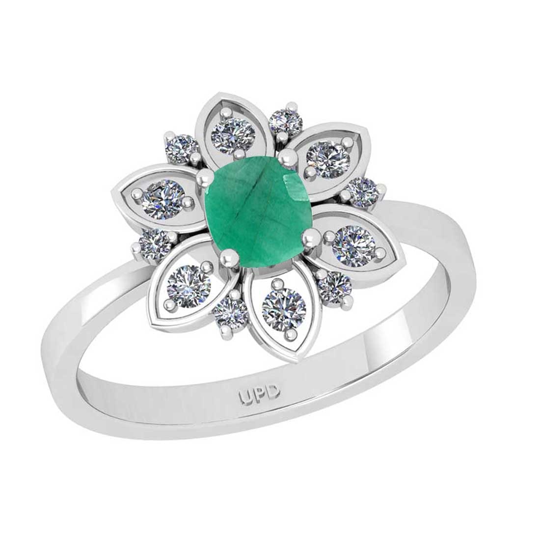 1.29 Ctw SI2/I1Emerald and Diamond 14K White Gold Engagement set Ring: Center Stone Weight : 1.00 Ctw ( 1pec Cushion Cut) Center stone Color :-Emerald Setting : Prong Side Diamond Weight Of Ctw 0.29 Ctw Color : J-K Clarity : SI2/I1 Stone Setting : Prong Metal Weight : Ap