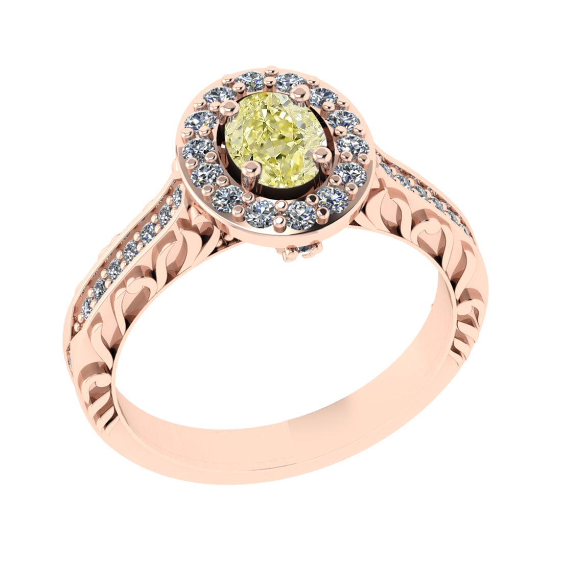 0.99 Ctw GIA Certified Fancy Yellow Diamond 14K Rose Gold Engagement Halo R: GIA Certified Center Diamond Weight :-: 0.47 Ctw ( Oval Cut) Color :- Fancy Yellow Daimond Clarity : VVS2 Center Stone Setting : Prong Side Diamond Weight Of Ctw 0.52 Ctw Color : G -H Clarity :VS/SI1 
