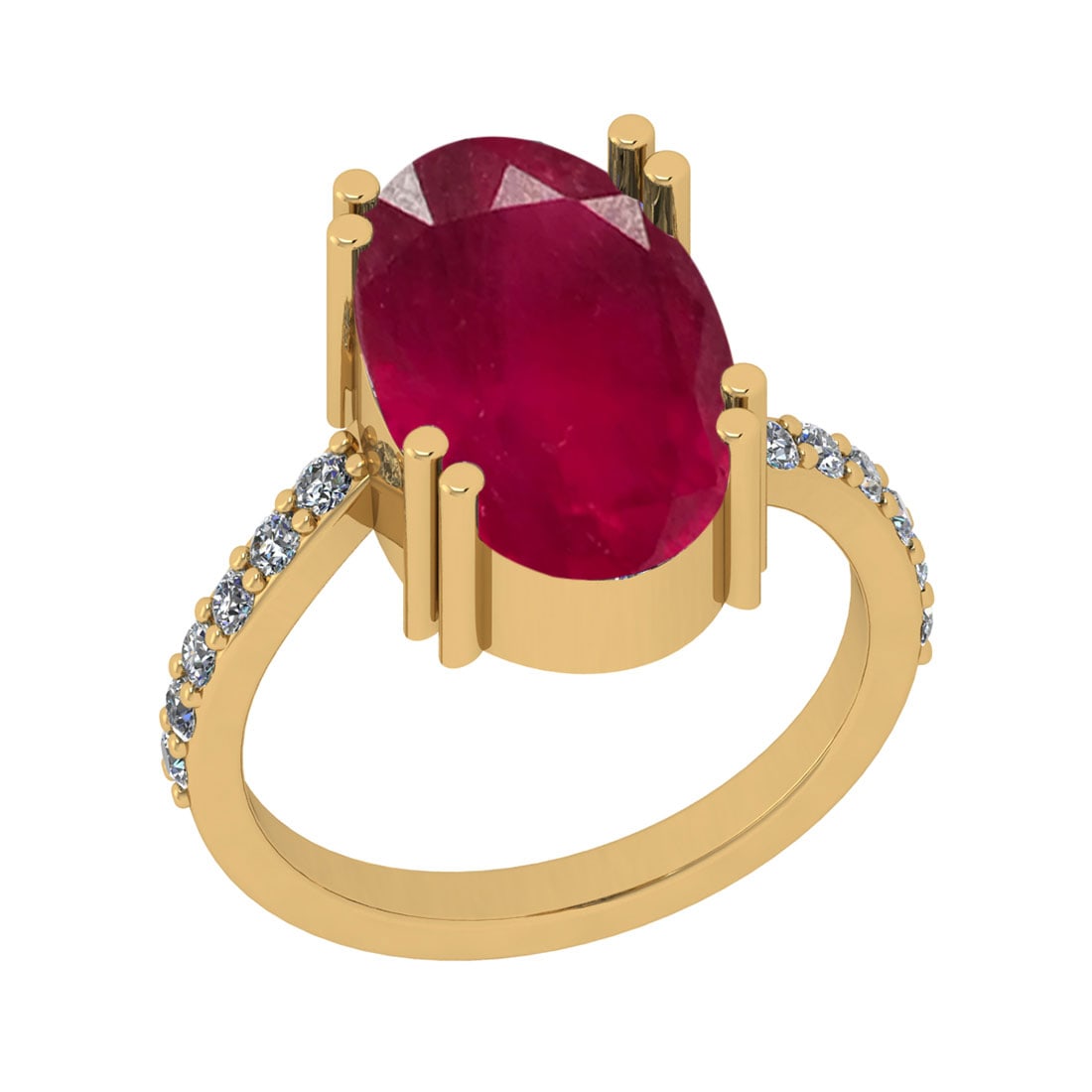 6.28 CtwSI2/I1 Ruby And Diamond 14K Yellow Gold Cocktail Ring: Center Stone Weight : 5.88 Ctw ( Oval Cut ) Center Stone Color : Ruby Stone Setting : Prong Side Diamond Weight Of Ctw 0.40 Ctw Side Stone Color : J-K Stone Clarity :SI2/I1 Stone Setting : Prong Metal