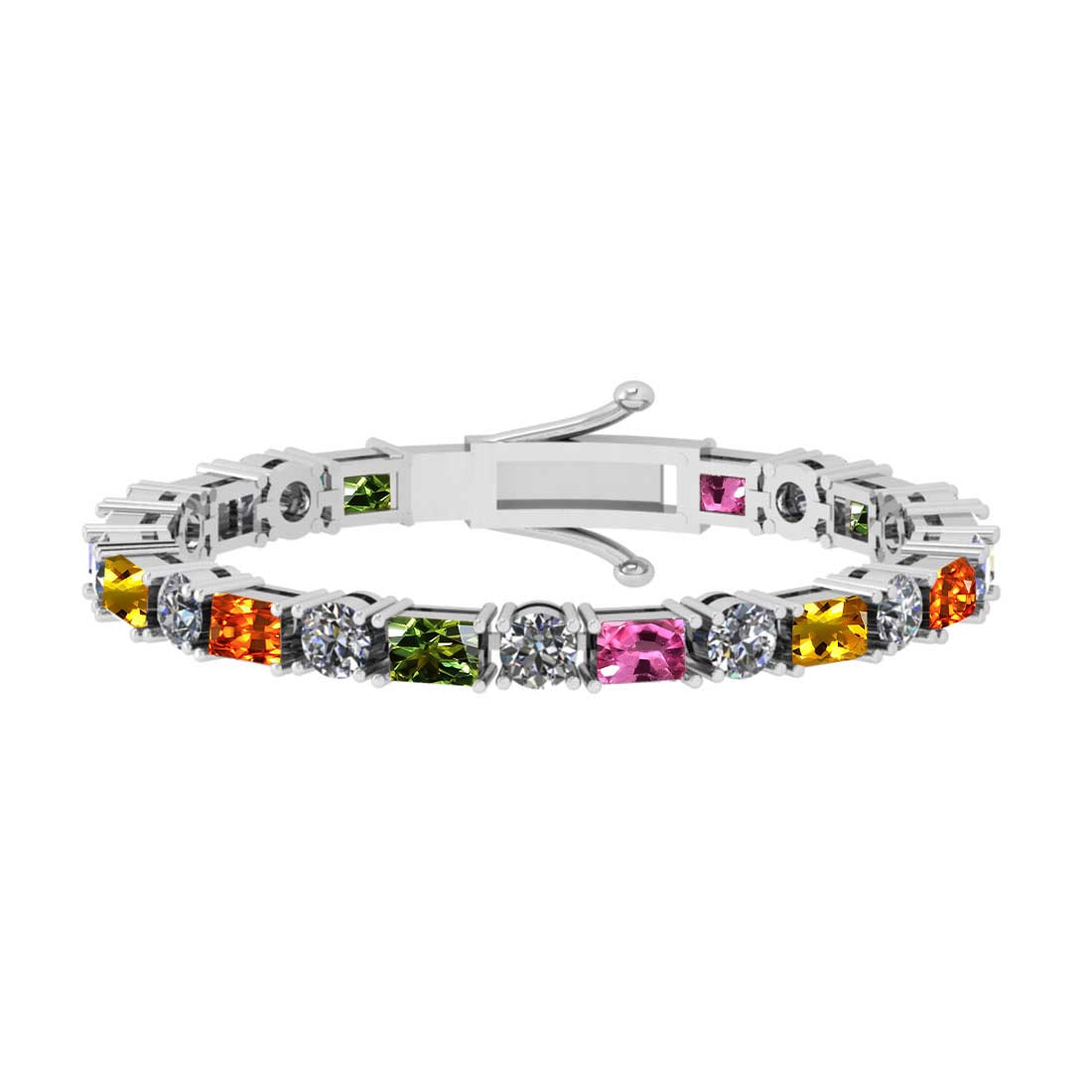 9.00 Ctw VS/SI1 Multi Stone Sapphire And Diamond 14K White Gold Bracelet: Multi Stone Weight : 4.00 Ctw ( Emerald Cut ) Multi Stone Color :- Pink,Yellow Green,Orange Sapphire Stone Setting : Prong Side Diamond Weight Of Ctw 5.00 Ctw (Round Cut) Side Stone Color : J-K Stone 