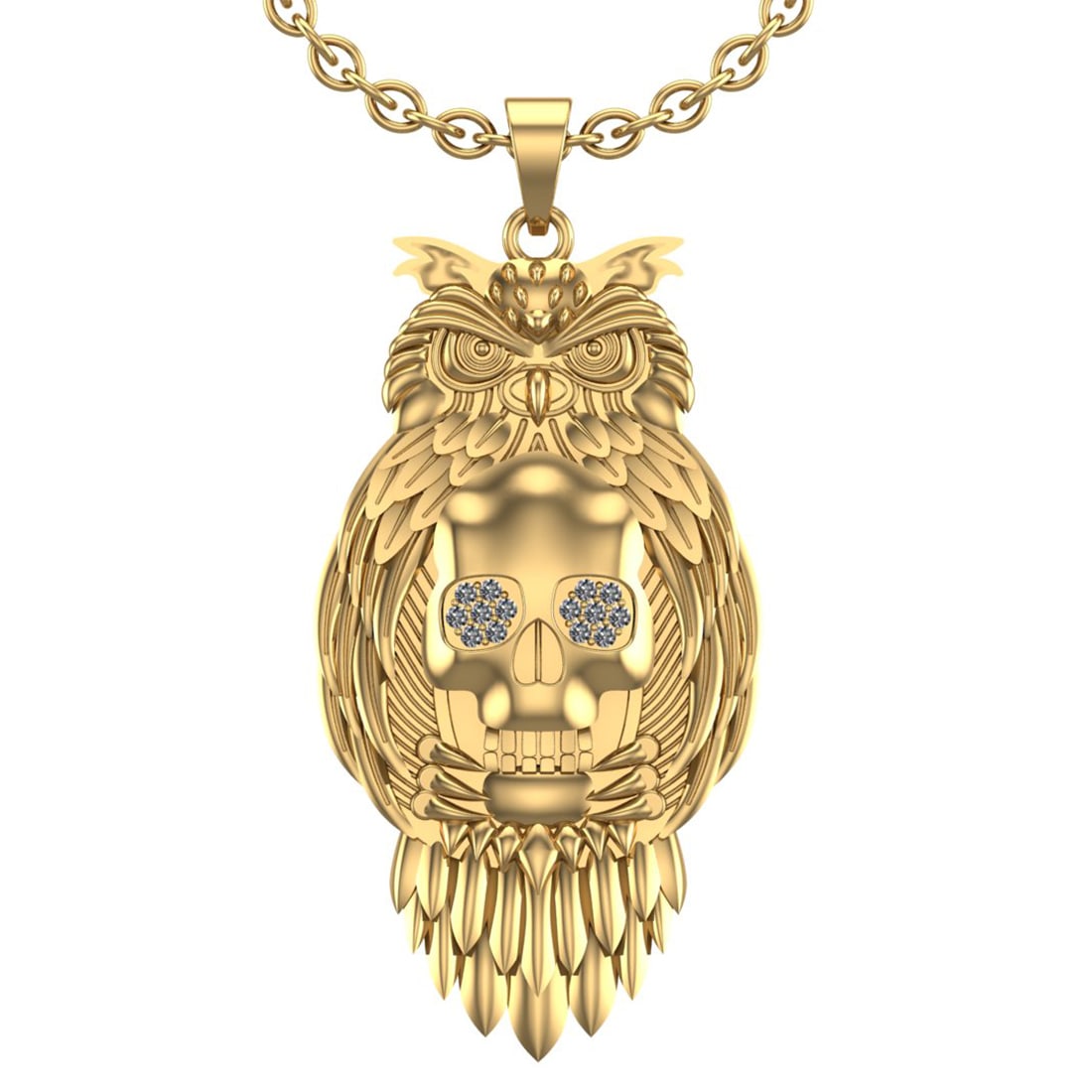 0.16 Ctw SI2/I1 Diamond 14K Yellow Gold skull owl pendant Necklace: Total Diamond Weight : 0.16 Ctw (Round Cut) Color : J-K Setting : Prong Stone Clarity :SI2/I1 Metal Weight : Approx 39.50 Gram 14K Yellow Gold skull owl pendant Necklace Width 28.2 mm Length :-51.5 mm