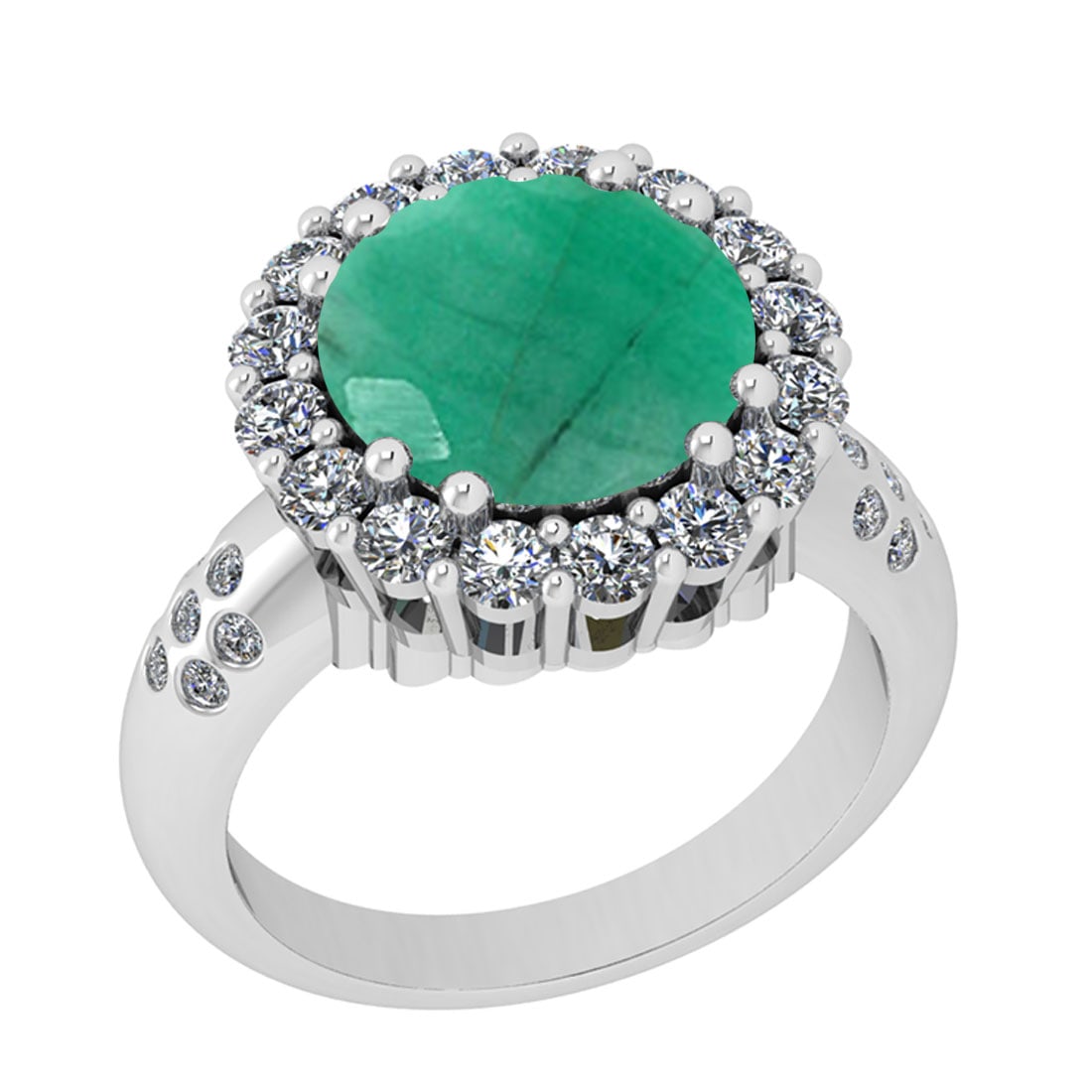 4.30 Ctw VS/SI1 Emerald And Diamond 14K White Gold Engagement Halo Ring: Center Stone Weight : 3.00 Ctw ( Round Cut ) Center Stone Color : Emerald Stone Setting : Prong Side Diamond Weight Of Ctw 1.30 Ctw Side Stone Color : J-K Stone Clarity : VS/SI1 Stone Setting : Prong 