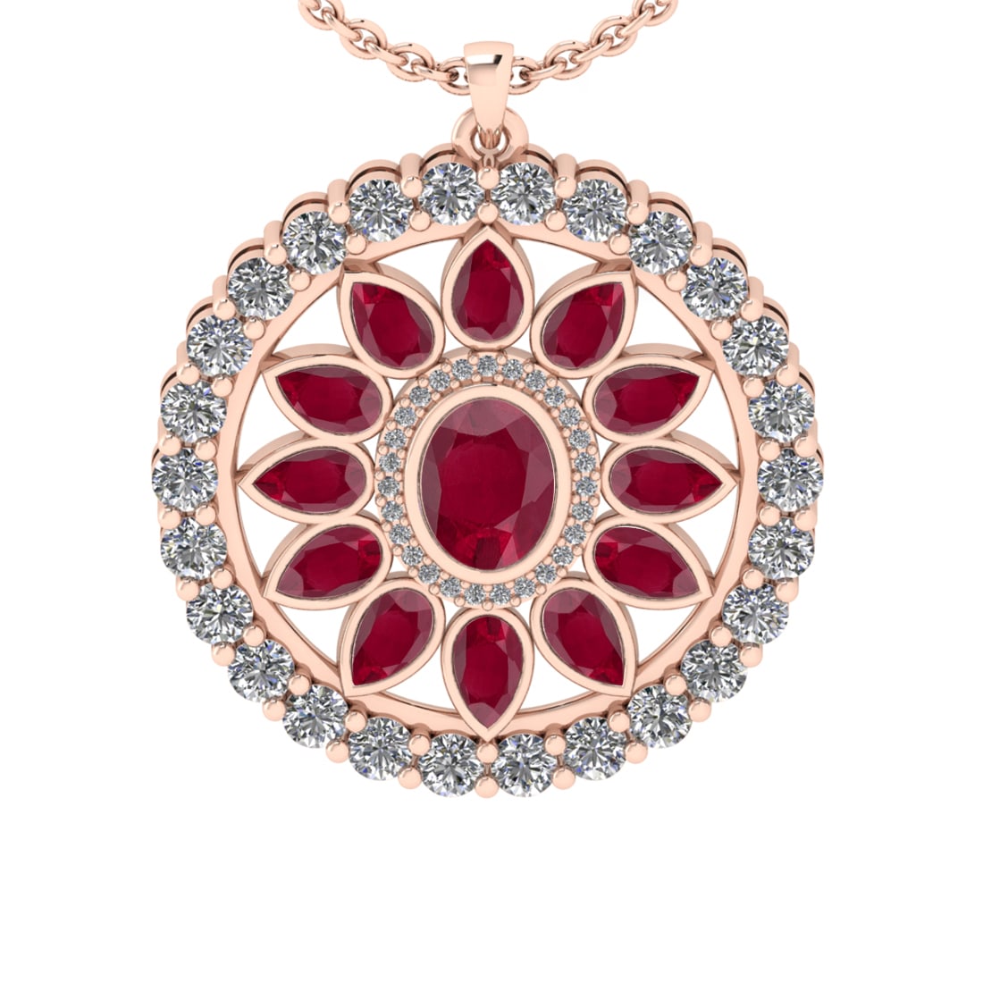 6.95 Ctw SI2/I1 Ruby and Diamond 14K Rose Gold Pendant Necklace: Center stone Weight :- 4.25 Ctw ( Oval & Pear Cut) Color :- Ruby Center Stone Setting : Prong Side Diamond Weight Of Ctw 2.70 Ctw Color : J-K Clarity : SI2/I1 Stone Setting : Prong Metal Weight : Appr