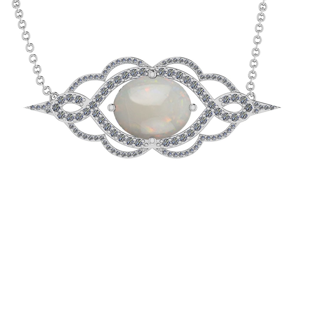 10.43 Ctw SI2/I1 Opal And Diamond 14K White Gold Pendant Necklace: Center Stone Weight : 8.86 Ctw ( Oval Cab ) Center Stone Color : Opal Stone Setting : Prong Side Diamond Weight Of Ctw 1.57 Ctw Side Stone Color : J-K Stone Clarity : SI2/I1 Stone Setting : Prong Meta