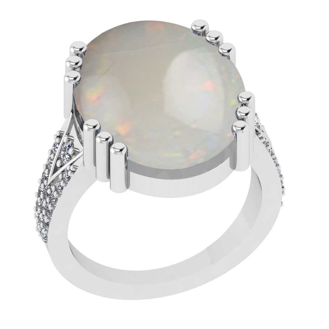 10.01 Ctw SI2/I1 Opal And Diamond 14K White Gold Engagement Ring: Center Stone Weight : 9.64 Ctw ( Oval Cab ) Center Stone Color : Opal Stone Setting : Prong Side Diamond Weight Of Ctw 0.37 Ctw Side Stone Color : J-K Stone Clarity : SI2/I1 Stone Setting : Prong Meta