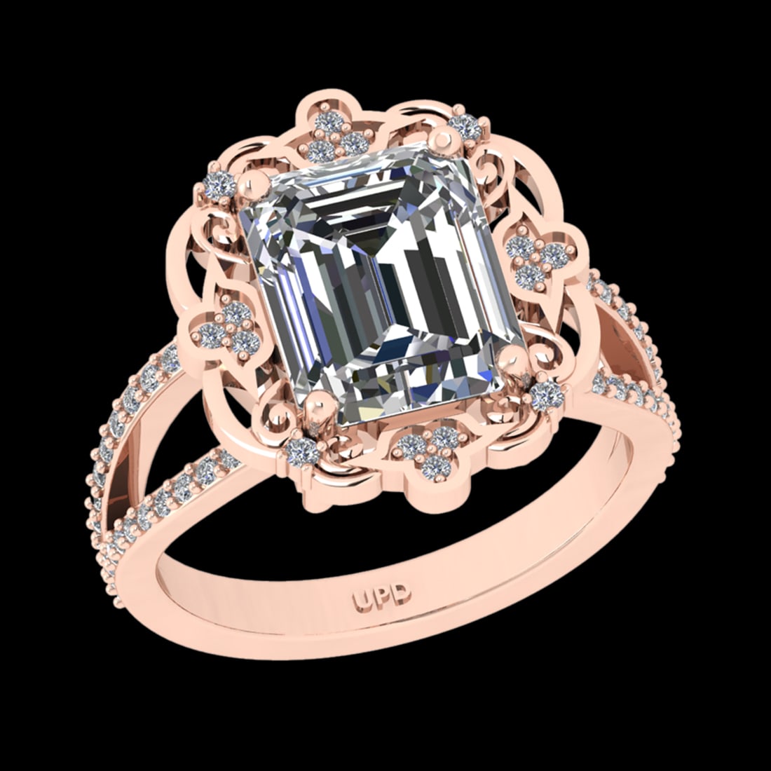 2.84 Ctw SI2/I1 Diamond 18K Rose Gold Engagement Halo Ring: Center Diamond Weight :-: 2.50 Ctw ( Emerald Cut) Color :- J-K Clarity : SI2/I1 Center Stone Setting : Prong Side Diamond Weight Of Ctw 0.34 Ctw Color : J-K Clarity : SI2/I1 Stone Setting : Prong