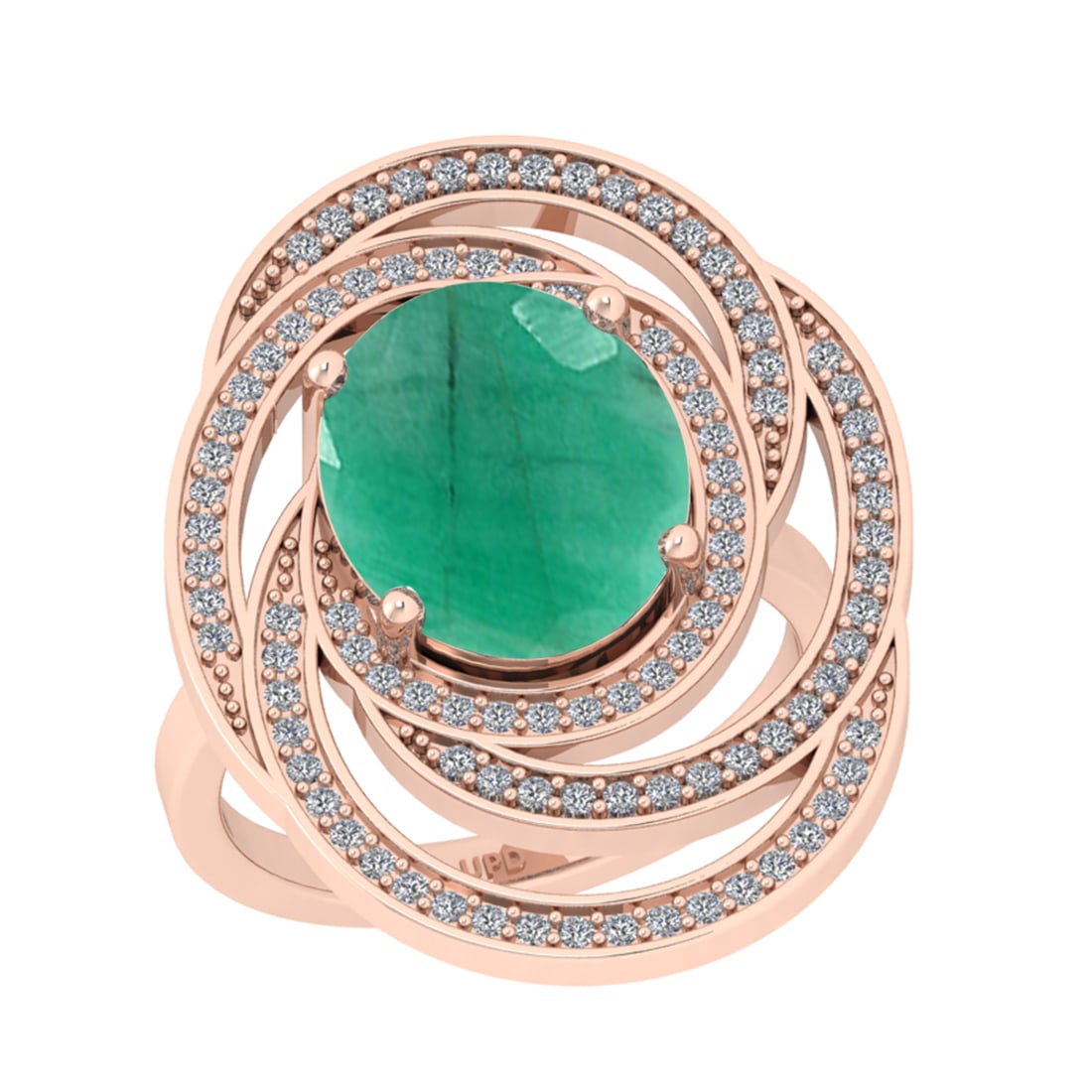 5.53 Ctw I2/I3 Emerald And Diamond 14K Rose Gold Engagement Ring: Center Stone Weight : 5.05 Ctw ( Oval Cut ) Center Stone Color : Emerald Stone Setting : Prong Side Diamond Weight Of Ctw 0.48 Ctw Side Stone Color : J-K Stone Clarity : SI2/I1 Stone Setting : Prong M