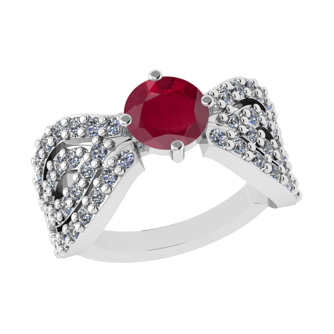 3.20 Ctw I2/I3 Ruby and Diamond 14K White Gold Engagement Ring: Center Stone Weight : 1.80 Ctw ( Round Cut) Center stone color : Ruby Setting : Prong Side Diamond Weight Of Ctw 1.40 Ctw Color : J-K Clarity : I2/I3 Stone Setting : Prong Metal Weight : Approx 7.20 g